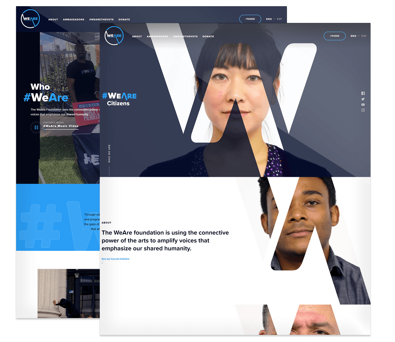A website homepage displays photos of diverse individuals partially visible through a bold “W” shape, with text highlighting the WeAre foundation and its arts-driven mission.