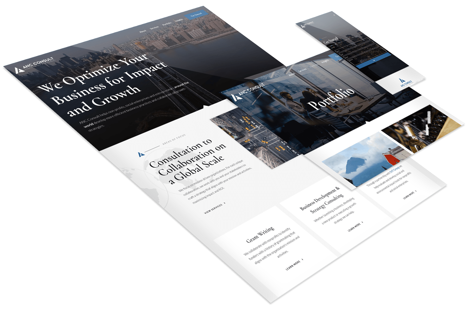 A website mockup displays a business consulting firm's homepage, portfolio, and services pages with images of cityscapes and office scenes on a clean, white background.
