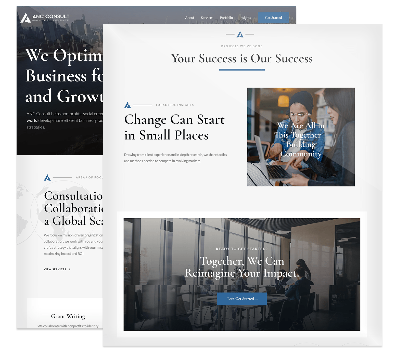 Website mockup for a consulting firm, featuring sections on business growth, collaboration, impact, community building, and images of people in office settings.