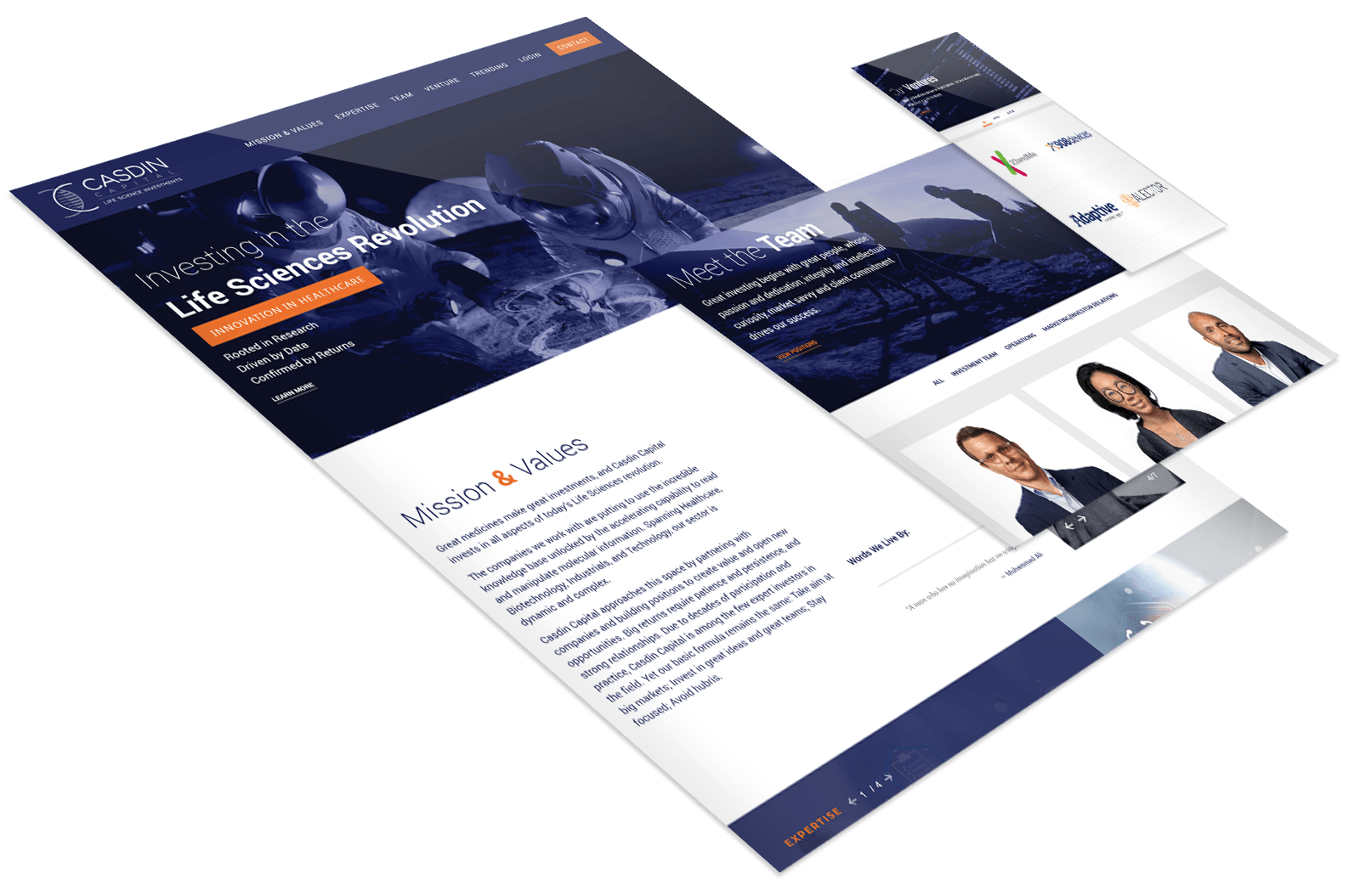 Screenshot of a corporate website for CASDIN, featuring sections on investment focus, mission and values, team photos, and partner logos, with a blue and white color scheme.