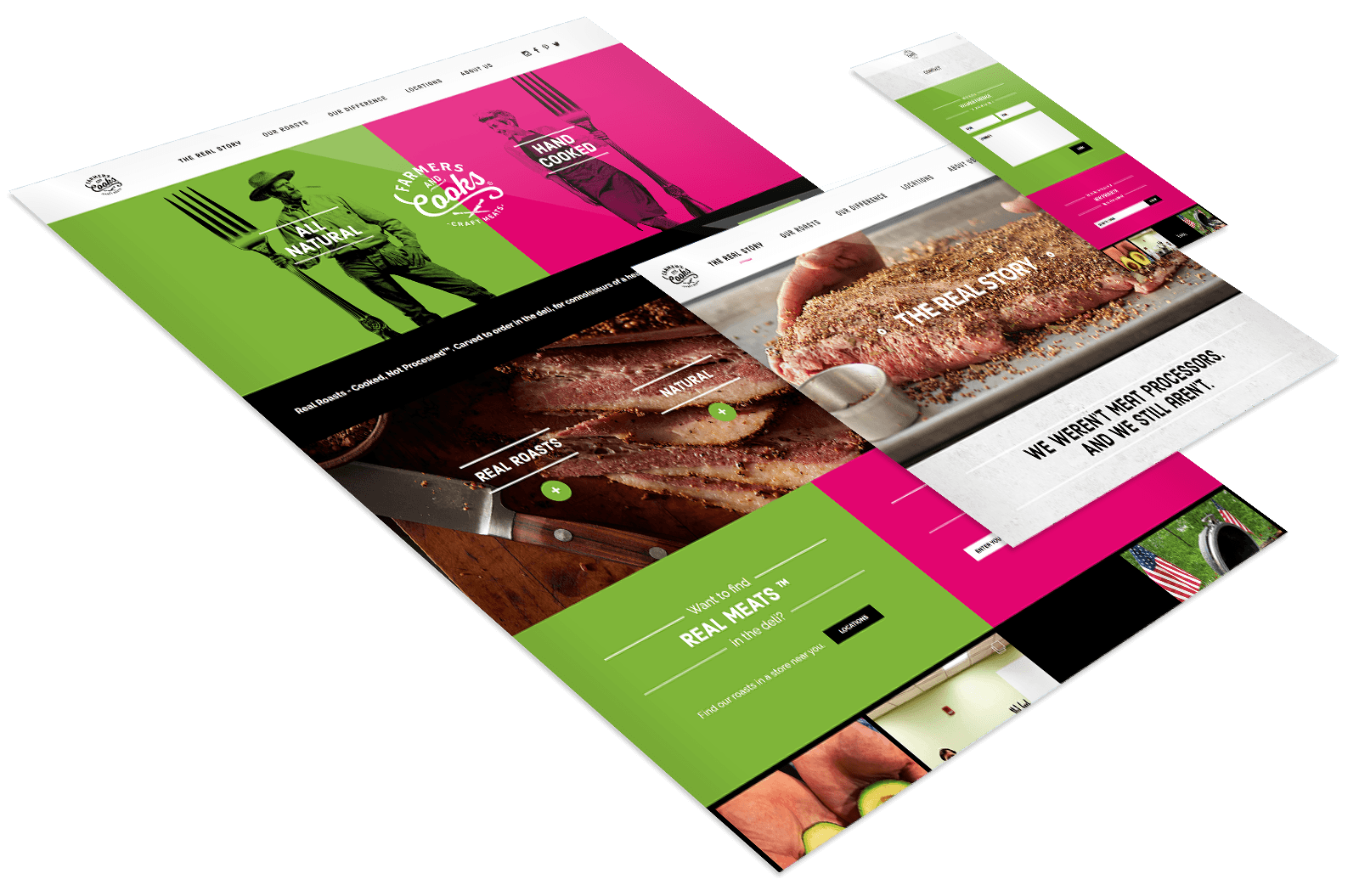 Angled view of a colorful, modern butcher shop website design featuring images of meat, bold text sections, and green and pink color blocks.