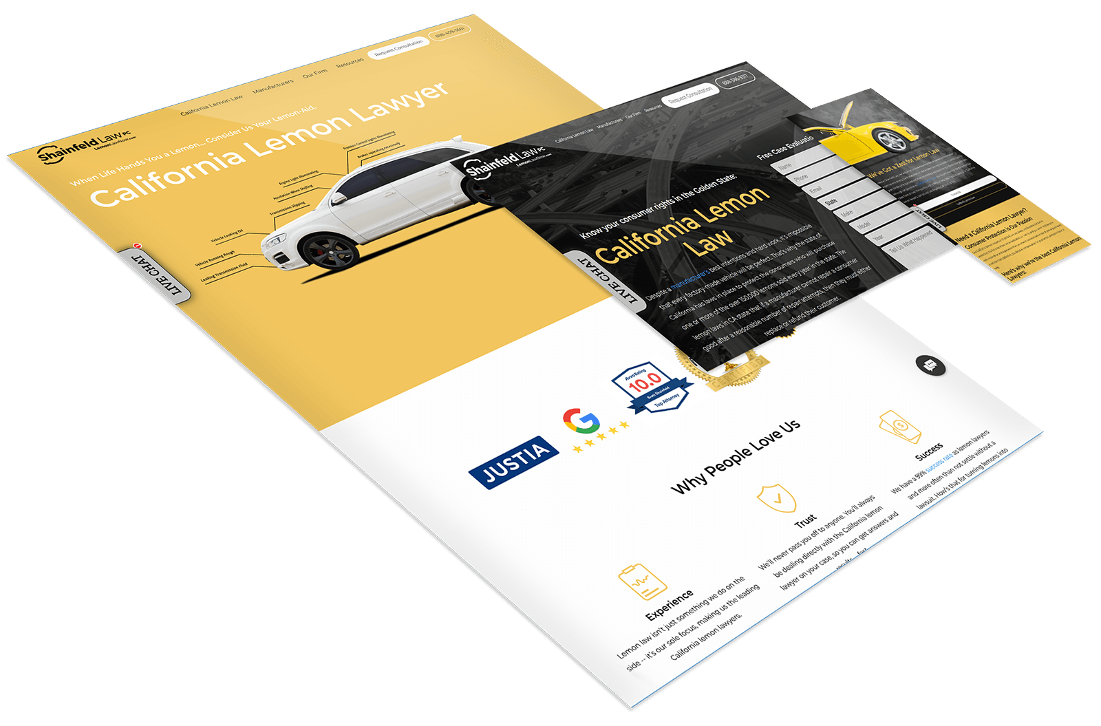 A website layout for a California Lemon Lawyer featuring a car, legal information, client reviews, and law-related icons on a yellow and white background.