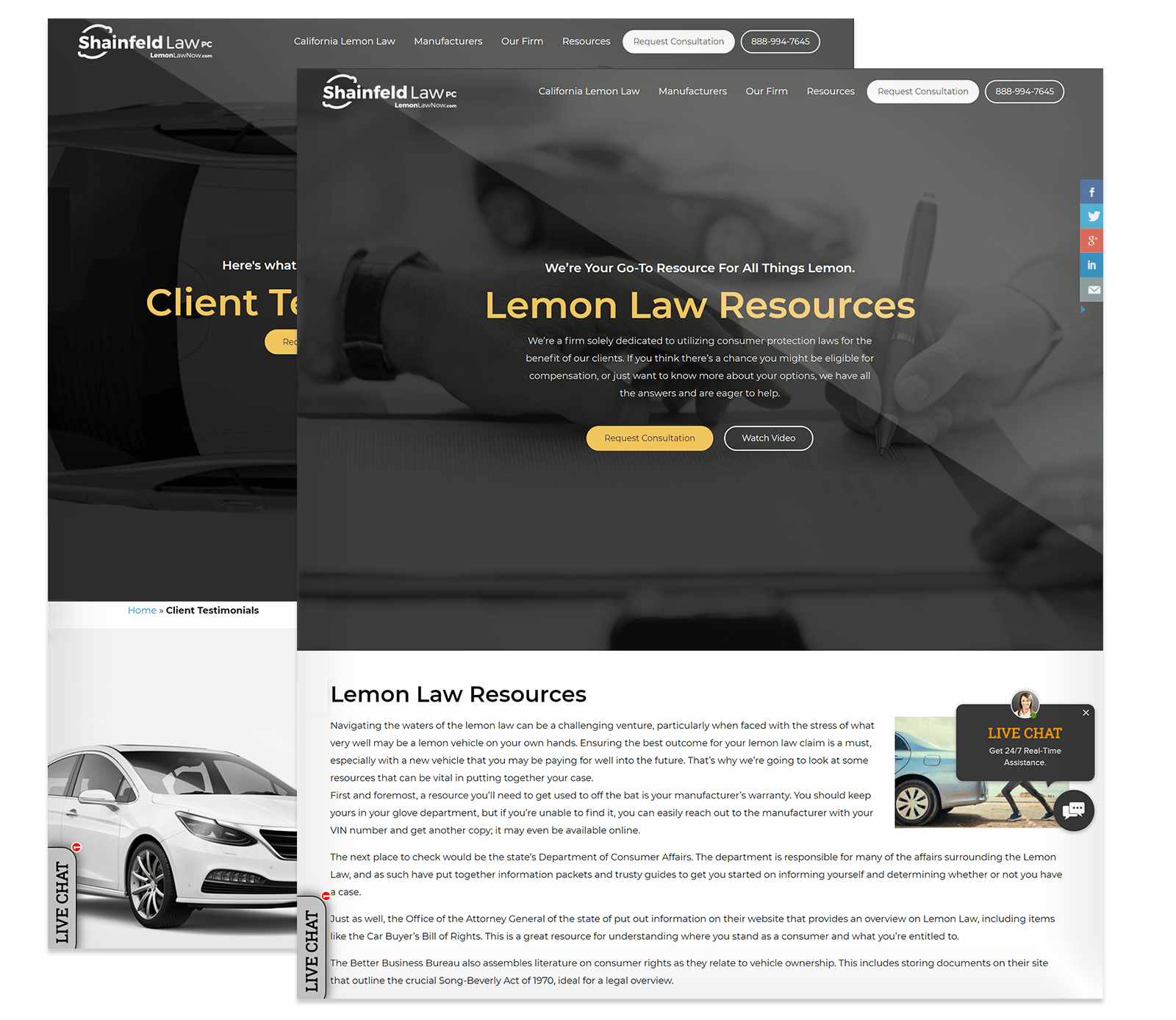 Screenshot of a website for Shainfeld Law, displaying sections on Lemon Law resources, client testimonials, and a live chat feature, with contact options visible at the top.