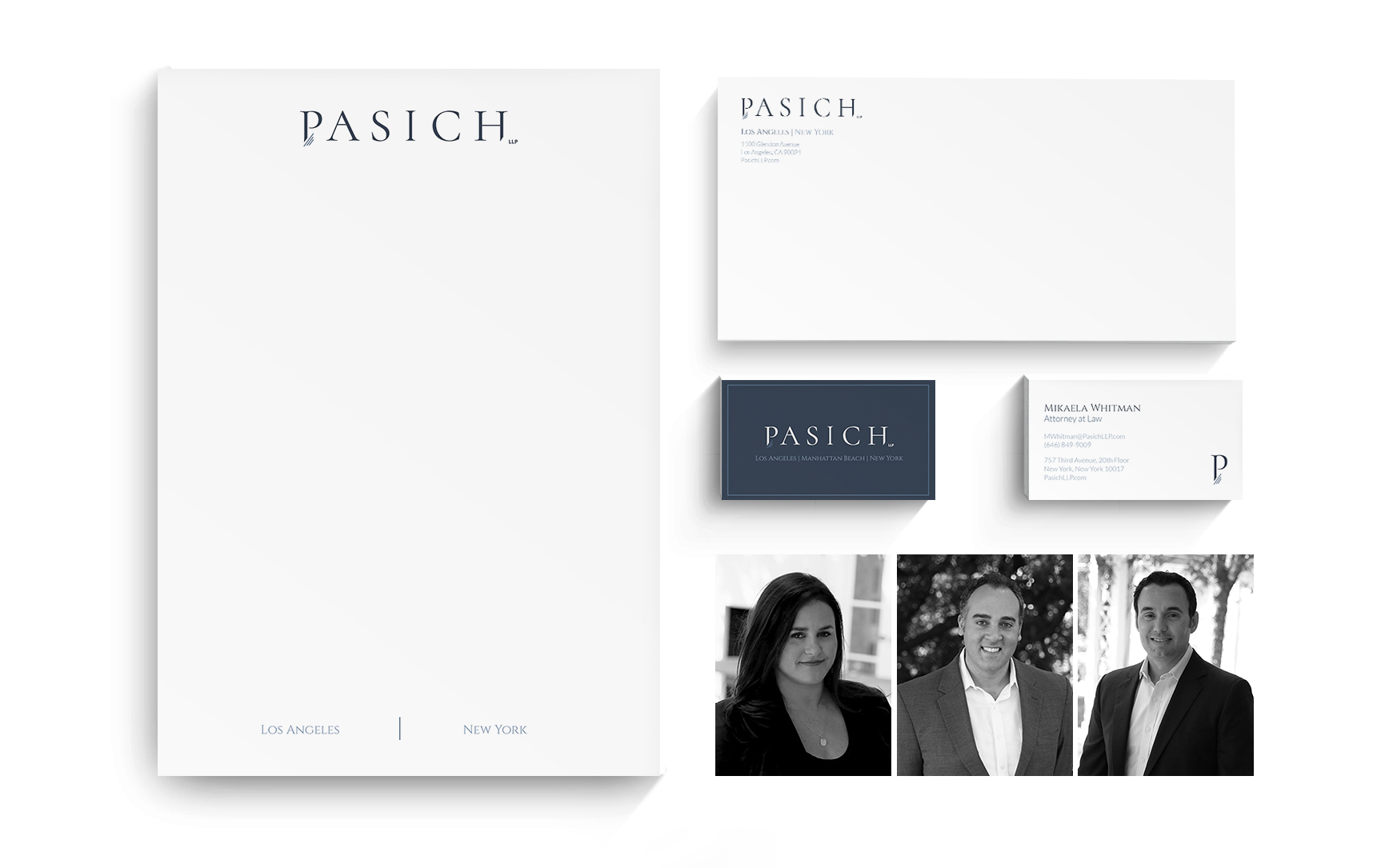 Business stationery set for "Pasich" including letterhead, envelopes, business cards, and three professional headshots at the bottom right.