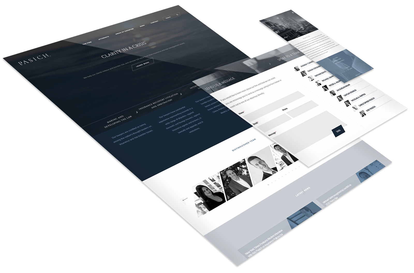 A 3D mockup displaying multiple overlapping dark blue and white web page layouts for a professional business website called Pastiche.