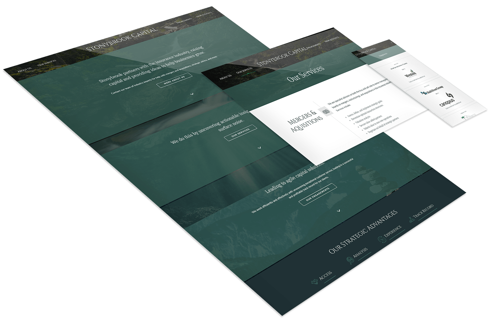A 3D mockup of a website layout for Stonebrook Capital, displaying sections for services, advantages, and navigation on green and dark blue backgrounds.
