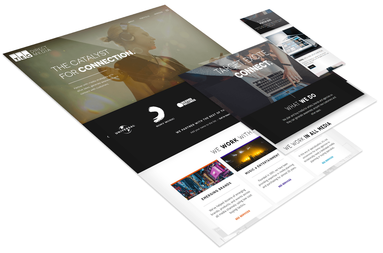 A digital mockup displays a website design for the "Face the Music Foundation," featuring overlapping website pages highlighting connection, services, and media partnerships.