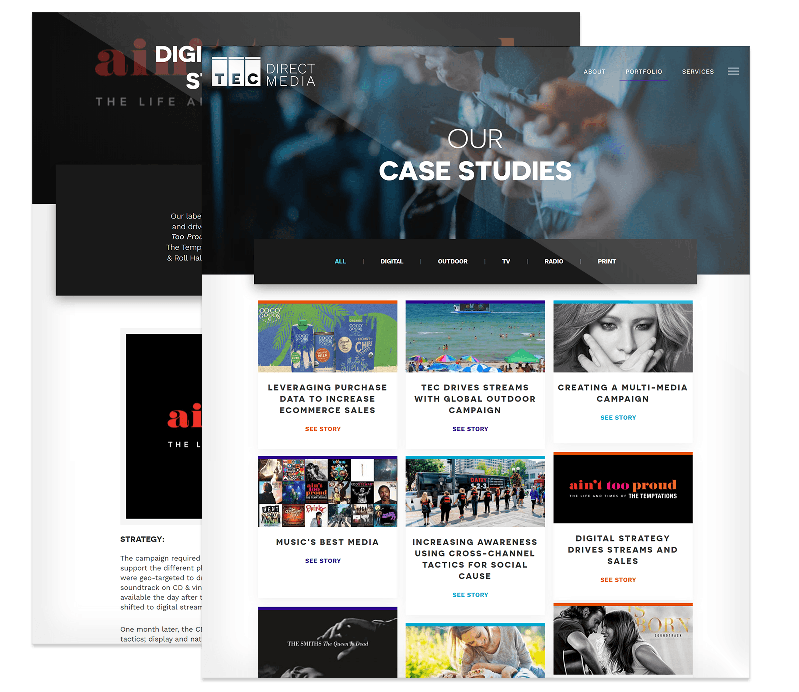 Three overlapping website pages display digital marketing case studies, strategies, and campaigns, with images and headlines highlighting various media and e-commerce projects.