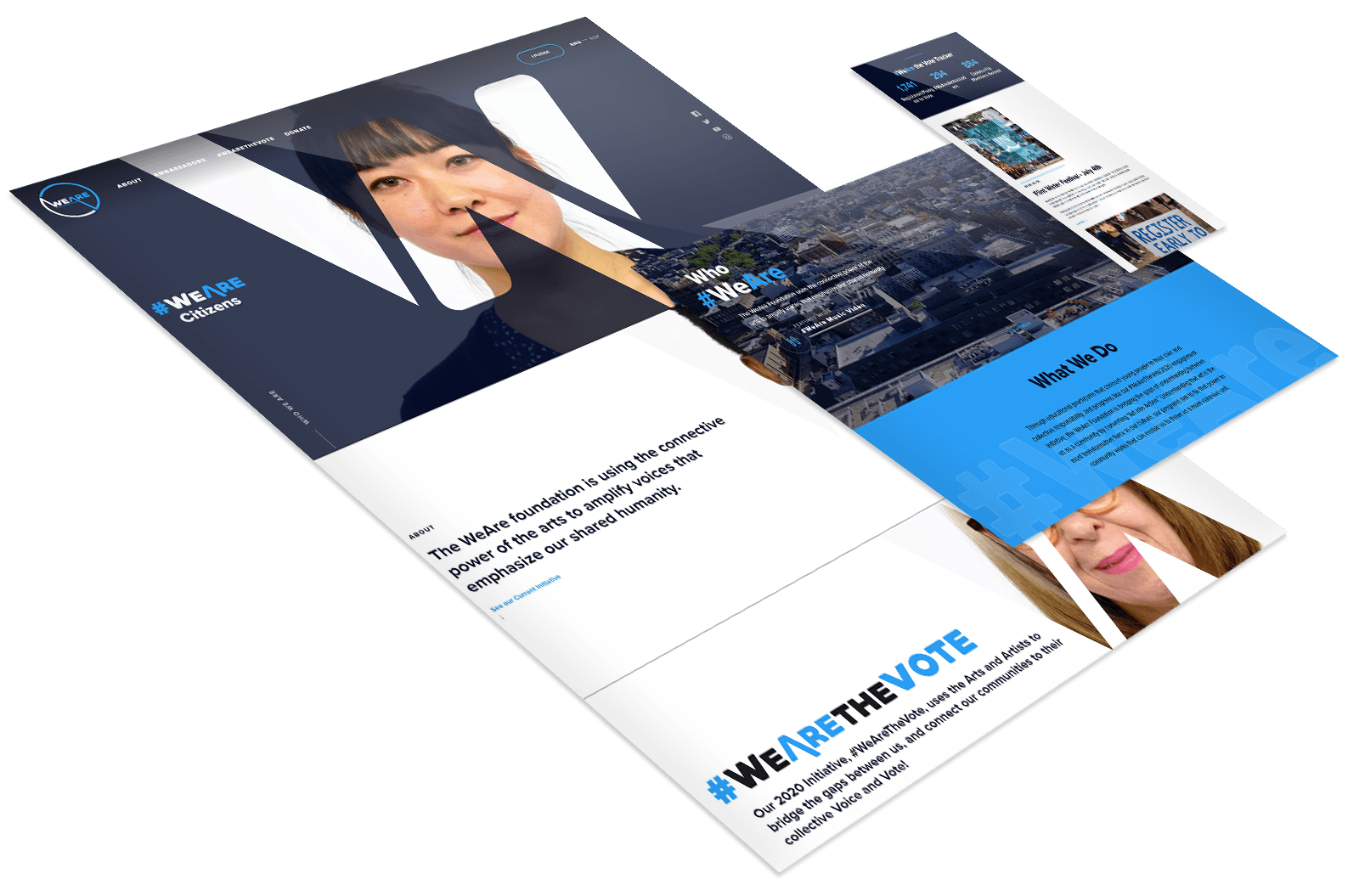 A modern website design featuring bold text, large portrait images, and informational sections highlighting a foundation’s mission and activities.