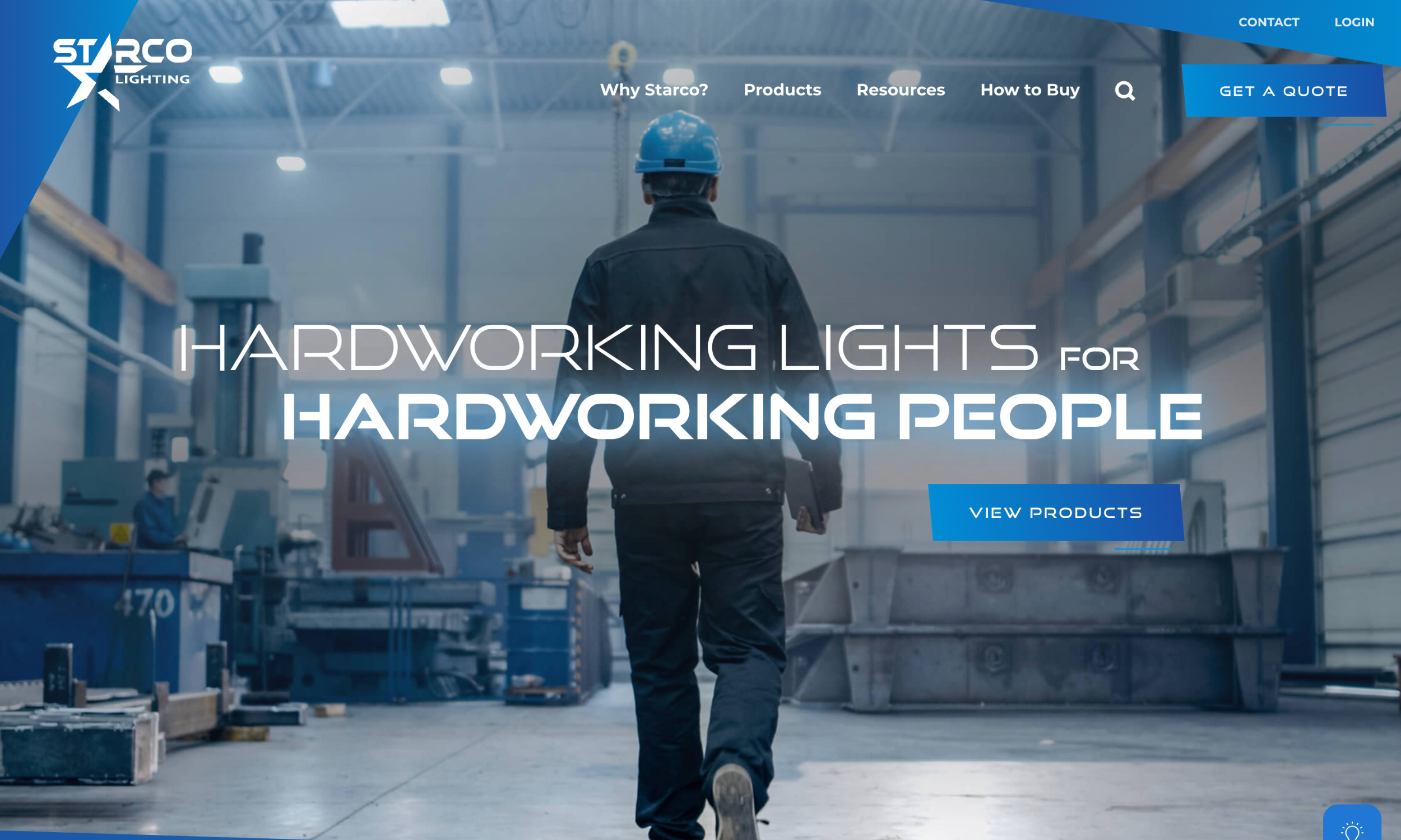 Starco Lighting desktop homepage hero with industrial worker in warehouse, “Hardworking Lights for Hardworking People” headline, navigation menu, and View Products CTA