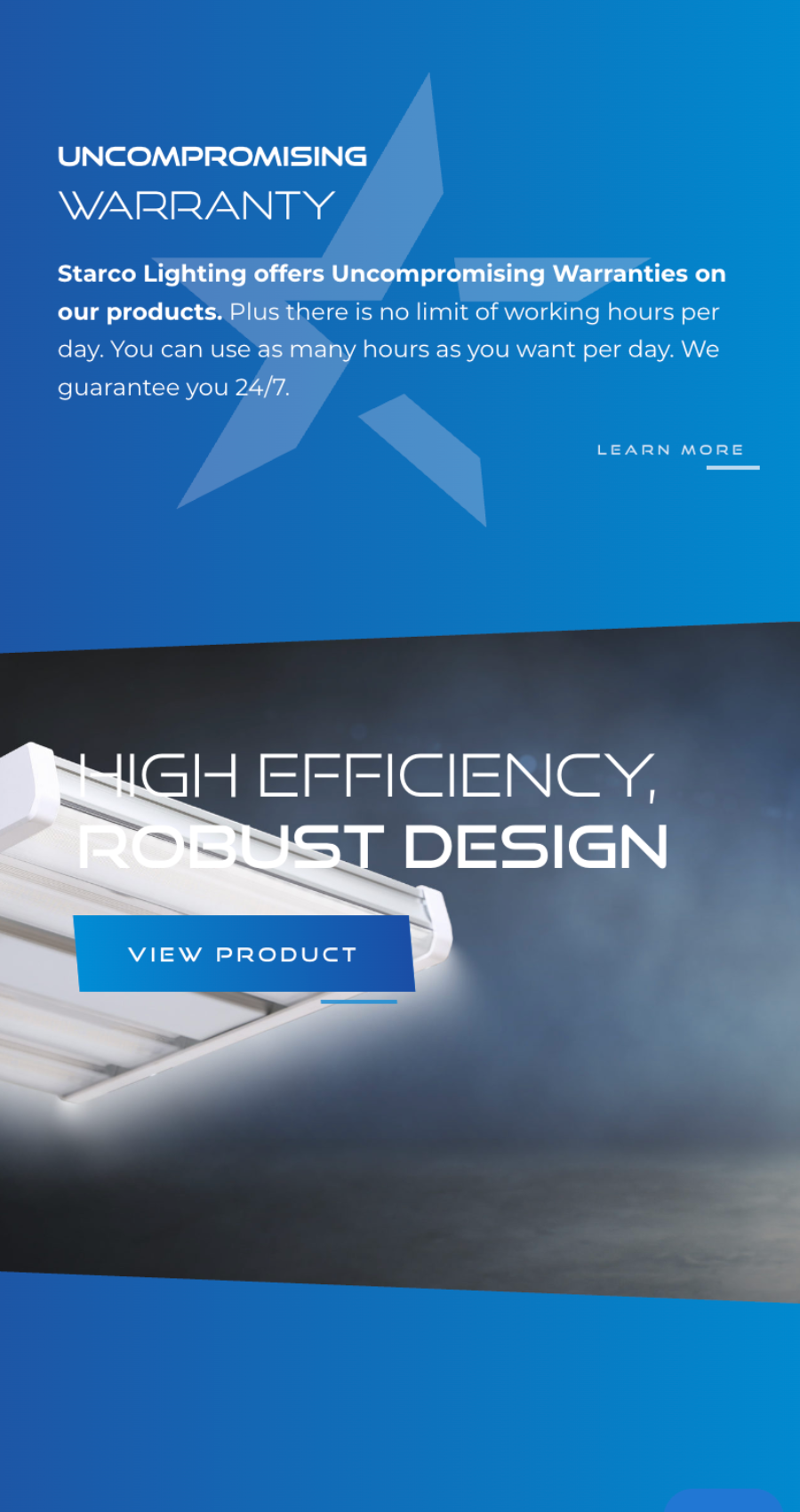 Starco Lighting mobile homepage view featuring “Uncompromising Warranty” section and high efficiency lighting product highlight with View Product CTA