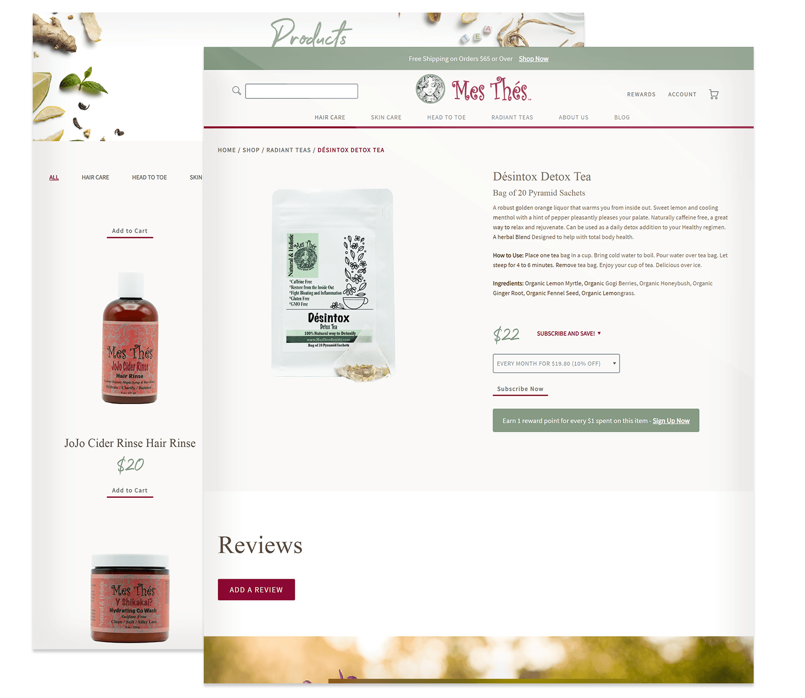 Product webpage featuring "Distintox Detox Tea," its description, price, subscribe option, and reviews section showcases best ecommerce design with vibrant images of the tea package and related hair rinse products.