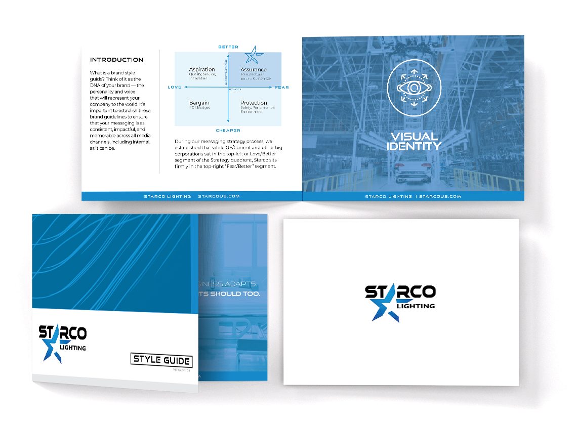 Starco Lighting visual identity style guide booklet shown open and closed; features branding, blue color scheme, and informational graphics on white backgrounds.