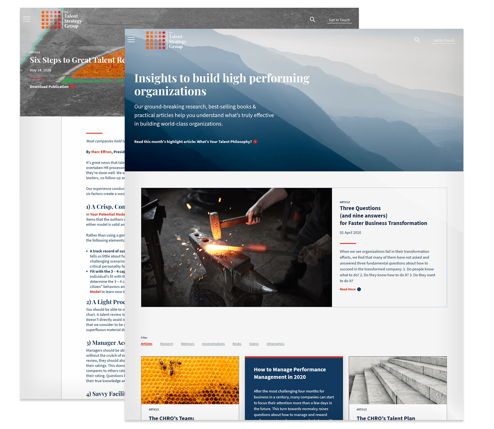 Two overlapping website pages display business insights content, featuring headers, navigation menus, a search bar, article previews, and images related to management and organizational performance.