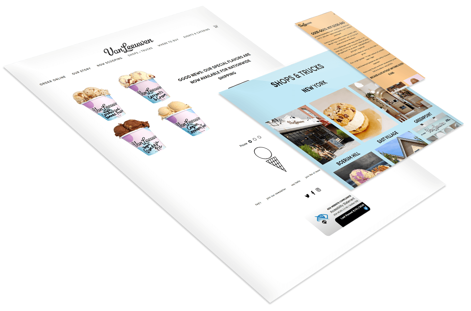 Two angled website screens show ice cream products on the left and an ice cream shop locator with images and text details on the right.
