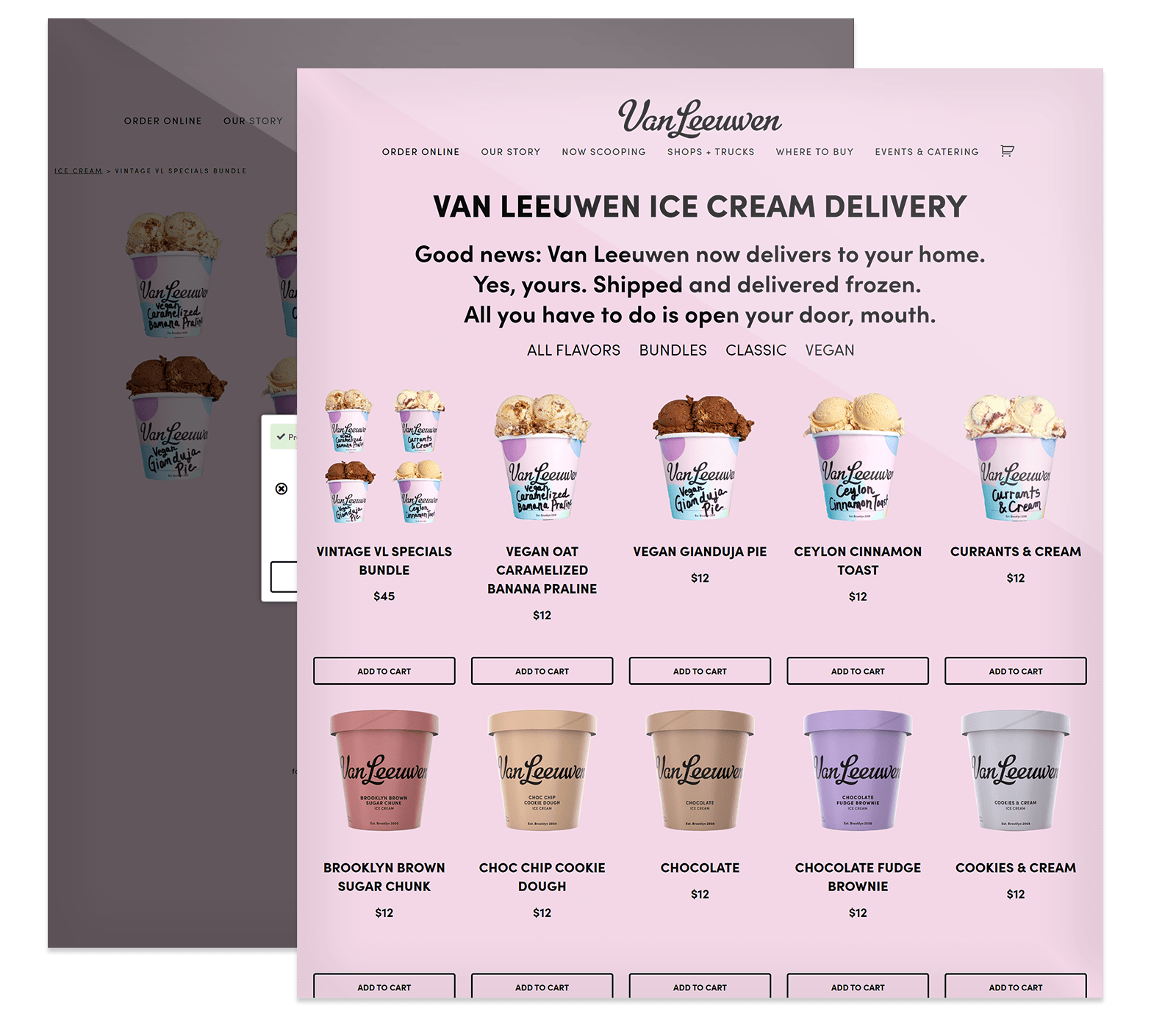 Screenshot of Van Leeuwen ice cream delivery webpage, displaying various ice cream pints with flavors and "Add to Cart" buttons on a pink background.
