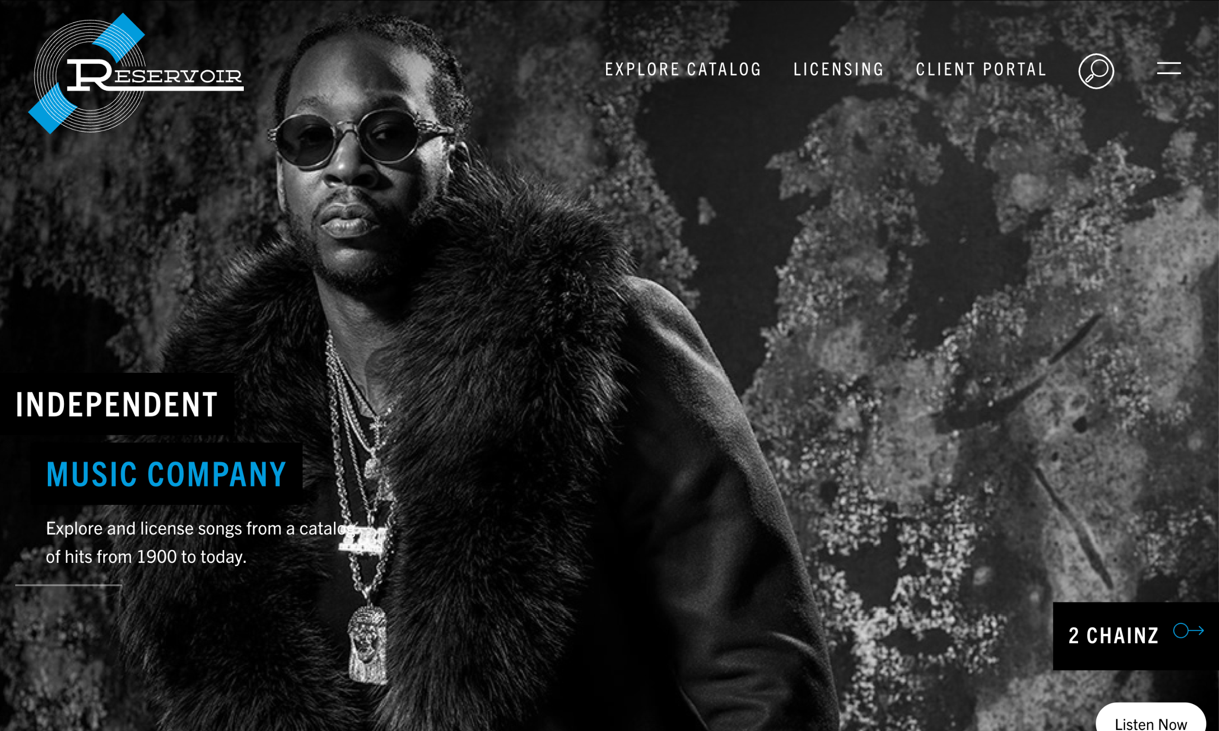 Reservoir Media homepage hero featuring 2 Chainz with independent music company messaging and catalog navigation.