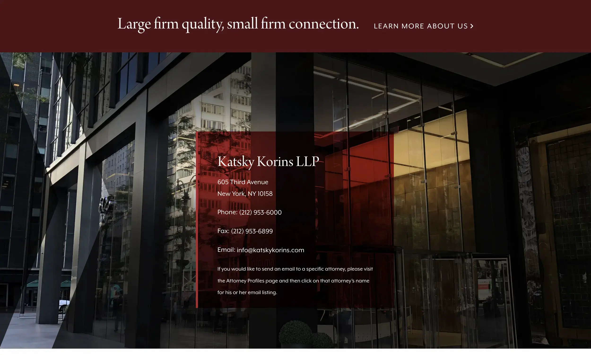 Modern office building exterior with the contact information for Katsky Korins LLP law firm, including ADA Website Compliance details, displayed in a transparent overlay at the center of the image.