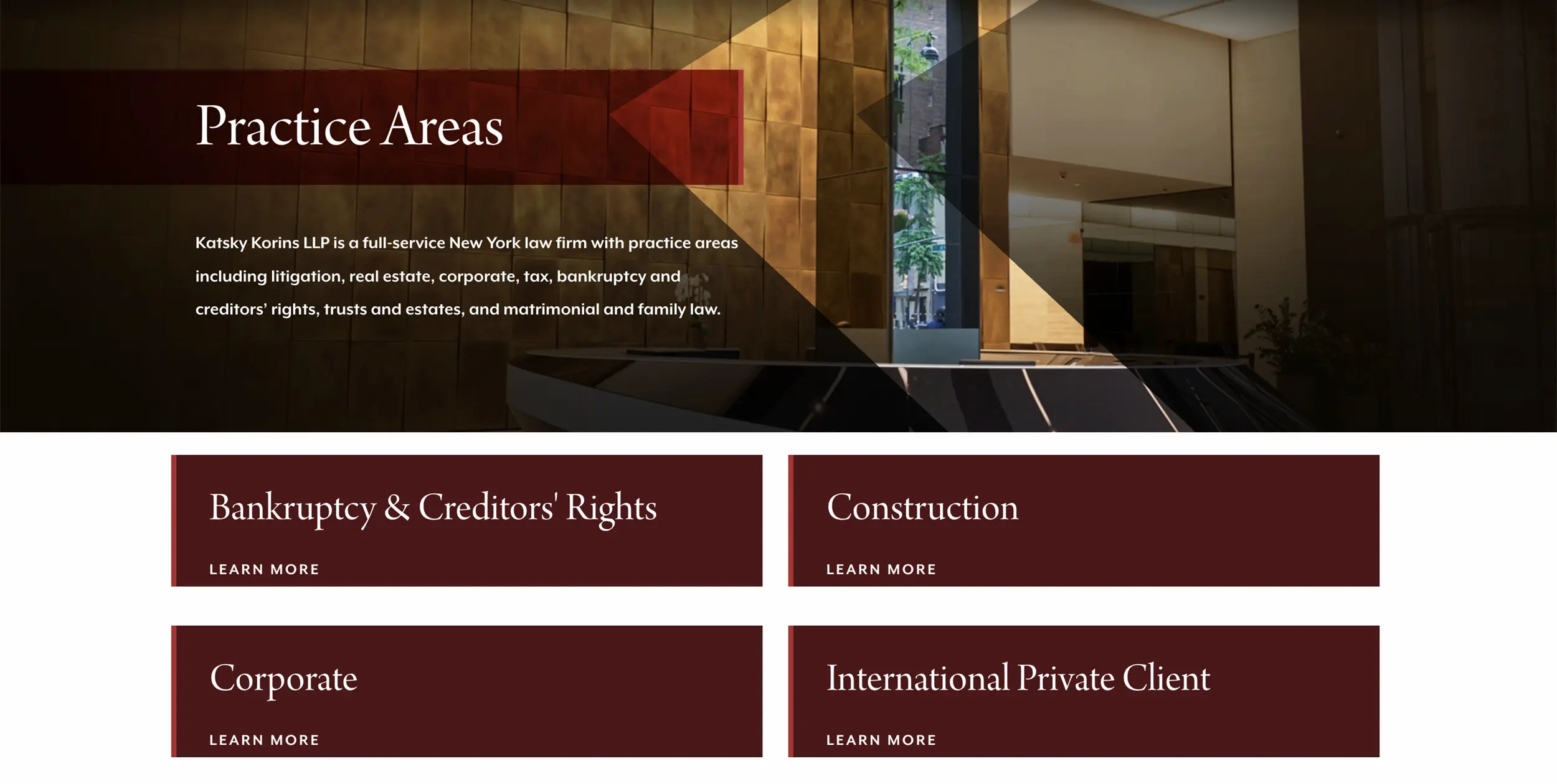 A law firm's "Practice Areas" webpage, featuring services such as Bankruptcy & Creditors’ Rights, Construction, Corporate, and International Private Client, with a modern office background and a focus on ADA Website Compliance.