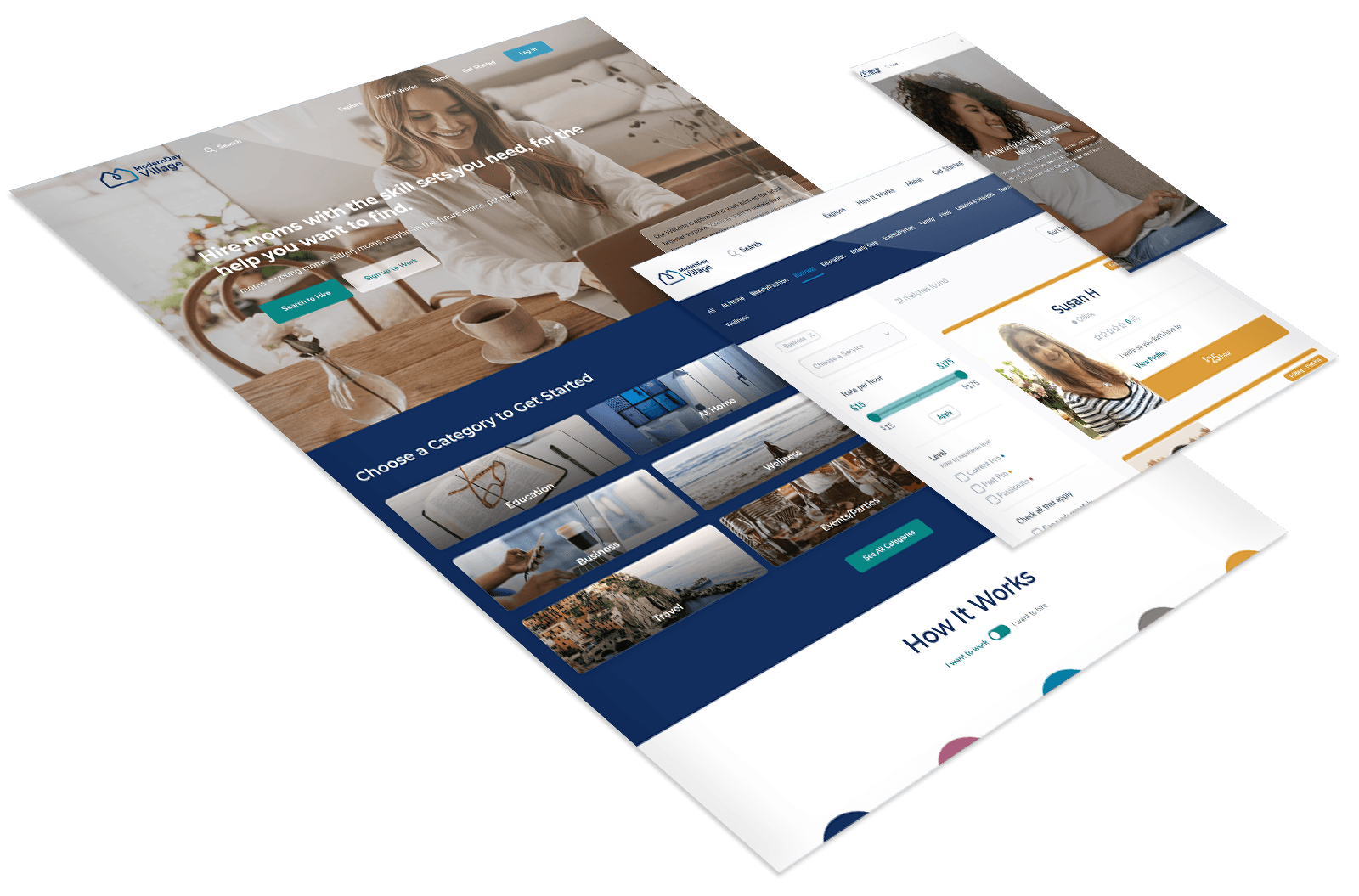 Three website mockups are displayed in perspective view, showcasing homepages with menu bars, images, and text sections focused on networking for moms, all set against clean white and blue backgrounds with interactive elements.