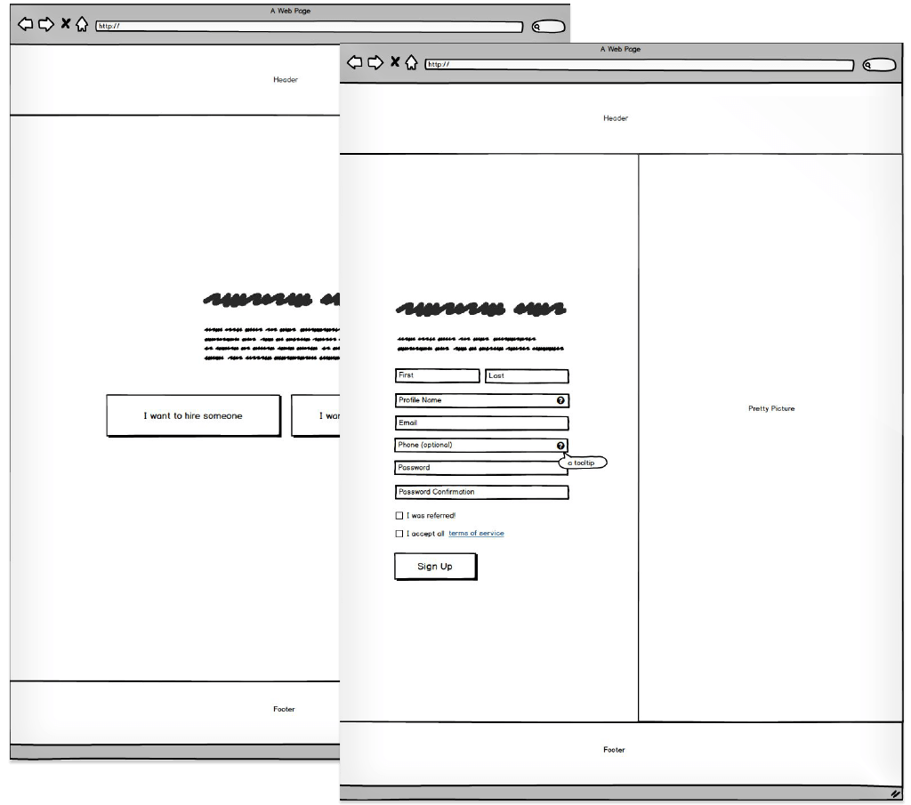 Two wireframe webpage mockups: the left displays a simple page with two buttons, while the right features a sign-up form for networking for moms, including fields for name, email, password, and a preview section.