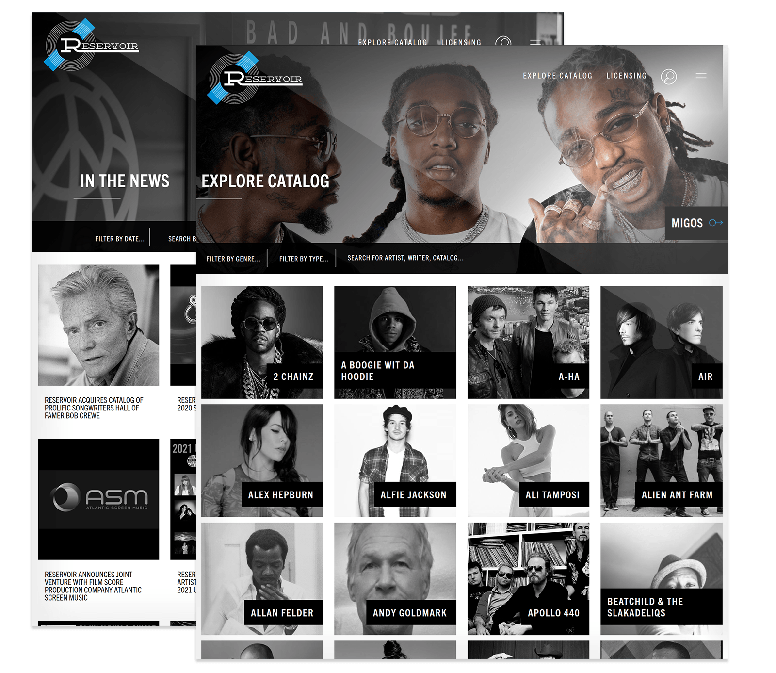 Screenshot of the Reservoir music website homepage featuring artists' portraits, intuitive navigation menus, and sections for news, catalog exploration, and licensing—highlighting sleek user experience website design.
