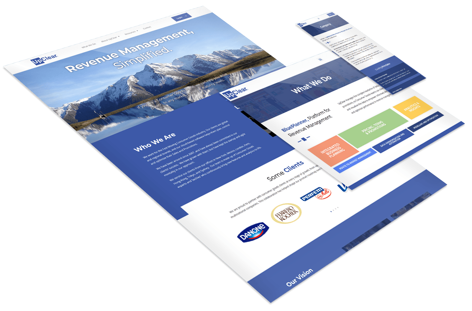 A website layout features a homepage with a mountain image, navigation menu, company info, service sections, client logos, and a vision statement, all in a blue and white color scheme.