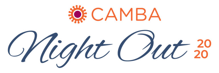 Logo with "CAMBA" in orange with a sunburst icon above the words "Night Out 2020" in blue cursive and orange numbers.