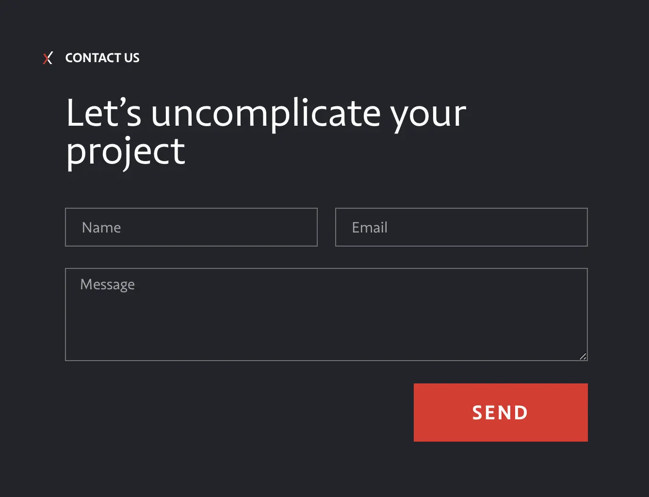Contact form with fields for name, email, and message, and a large red 