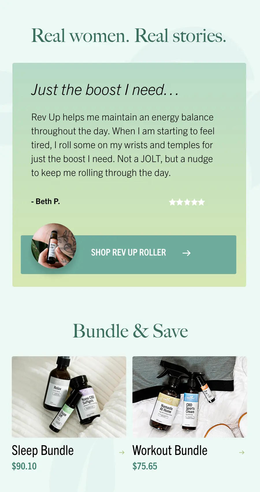Testimonial for Rev Up Roller with product photo, purchase button, and two bundle options featuring plant juice oils: Sleep Bundle and Workout Bundle with prices shown below each bundle.