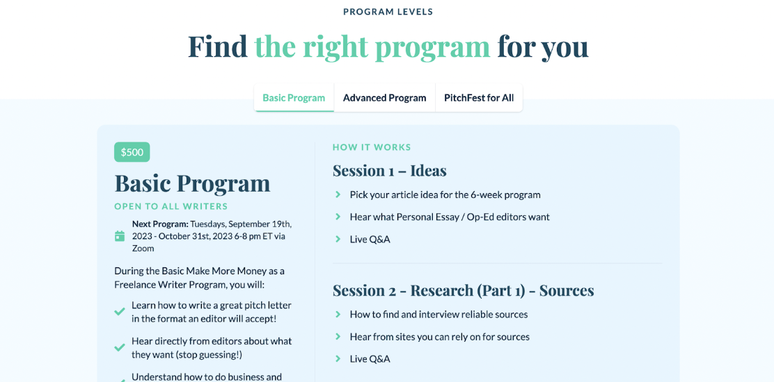 Freelance Writing Mastery application form page