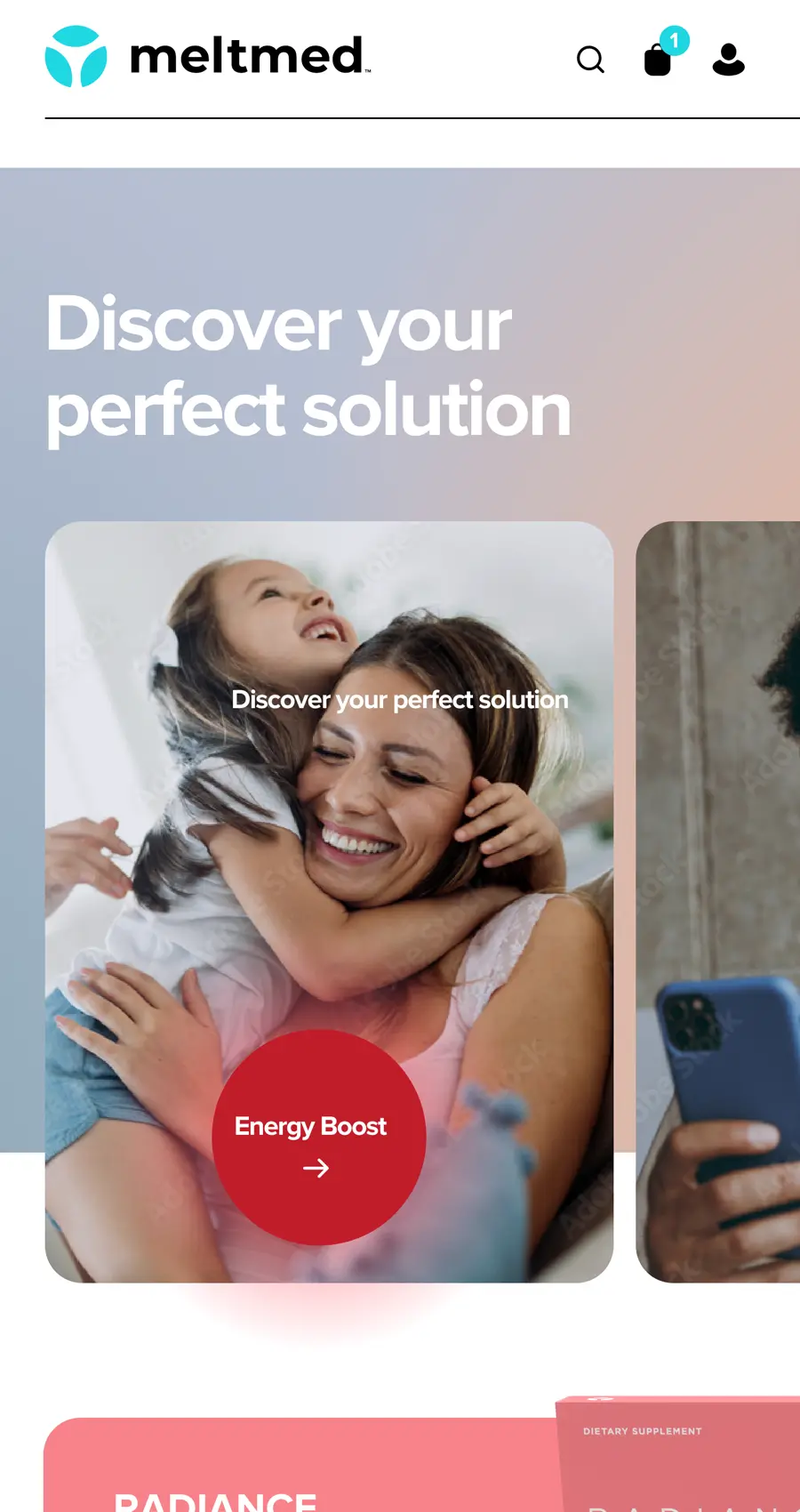A woman smiles as a young girl hugs her from behind. Text on the image reads "Discover your perfect solution" and "Energy Boost," highlighted by the Meltmed logo at the top.