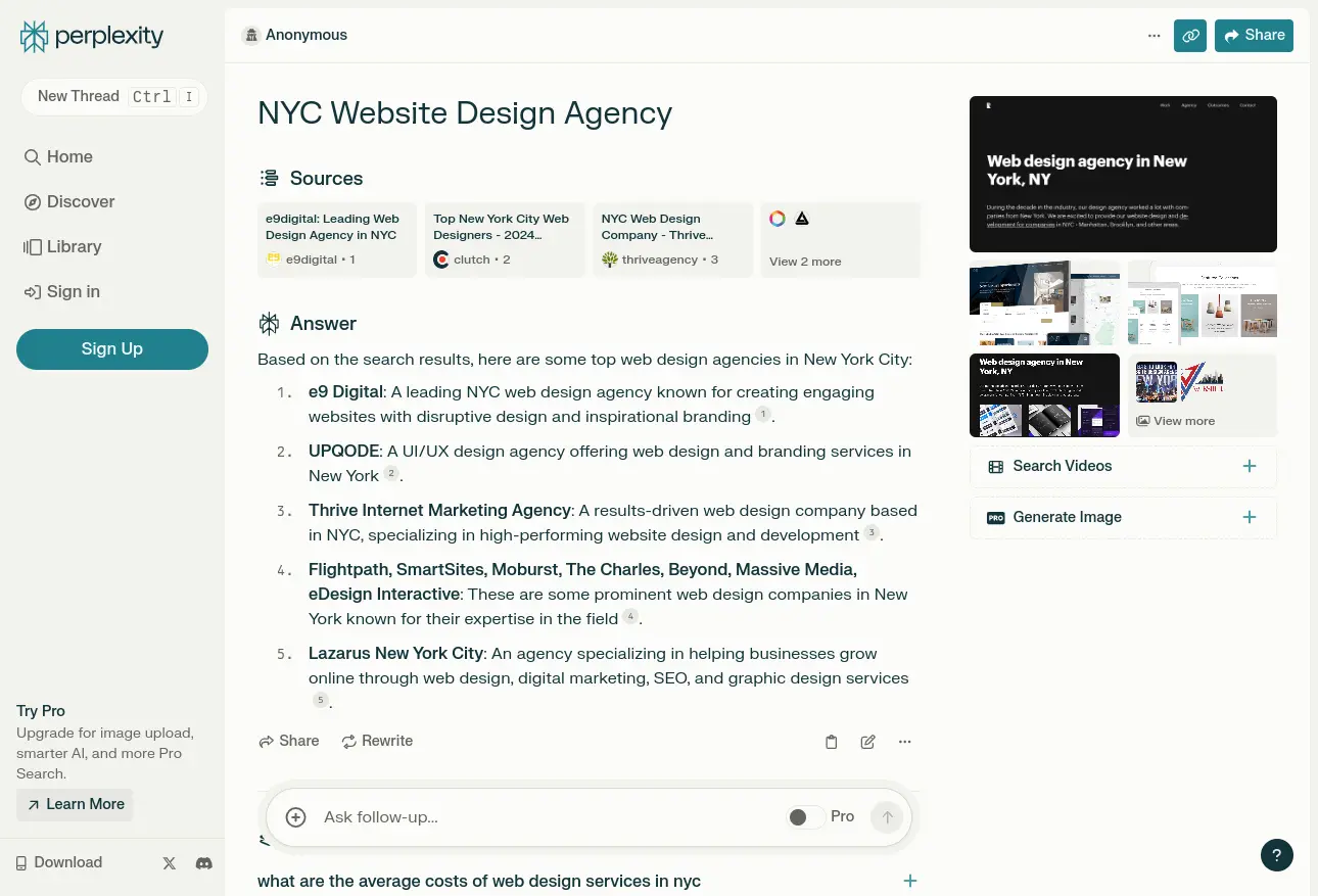 A Perplexity webpage displays search results for "NYC Website Design Agency," listing agencies and their services with a sidebar showcasing related images and searches.