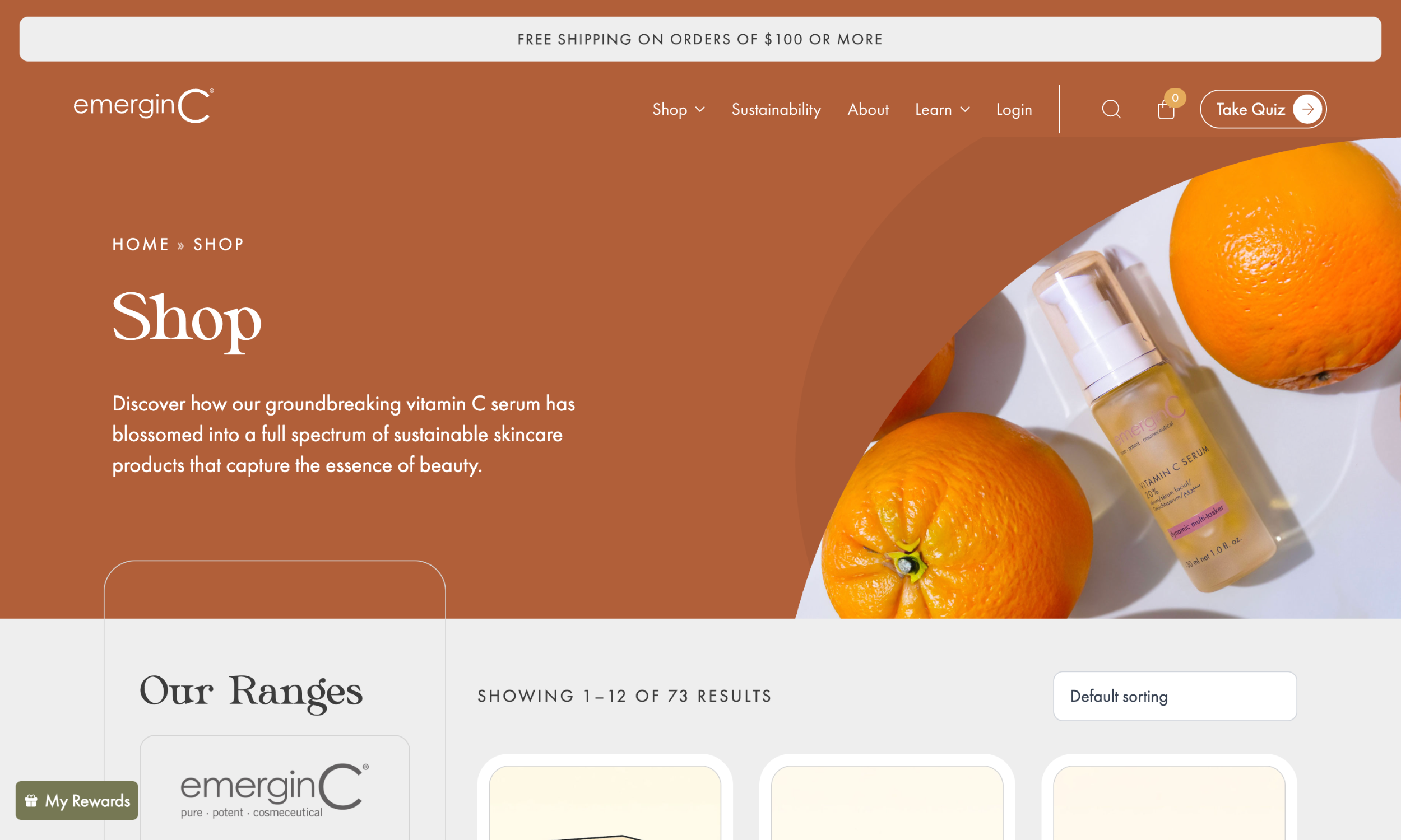 A skincare website design shop page features oranges and a vitamin C serum bottle on the right, alongside user-friendly navigation menus and product sorting options for an effortless shopping experience.
