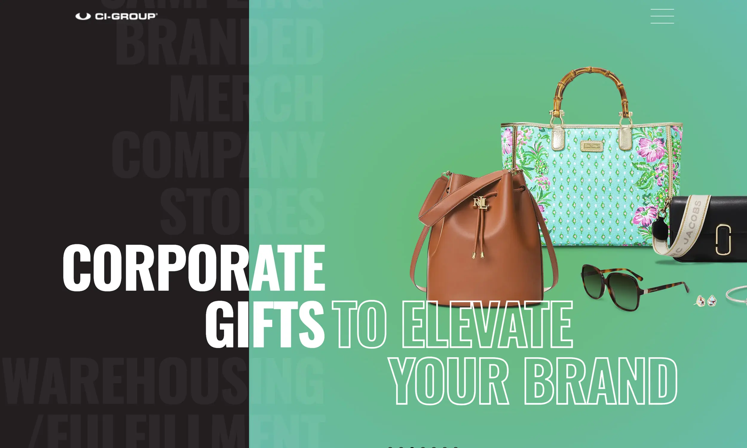 Two handbags, one brown and one blue patterned, are displayed on a green background alongside text reading "Corporate gifts to elevate your brand," perfect for showcasing style on your branding website design.
