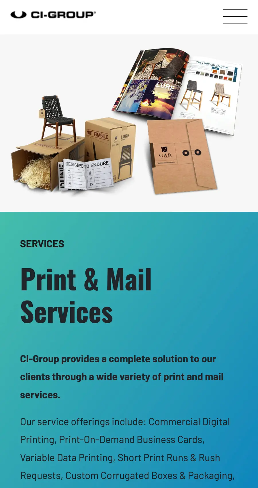 A display of printed materials, cardboard boxes, packing materials, and a magazine is featured above text describing CI-Group’s print and mail services, highlighting their branding and website design expertise on a blue gradient background.