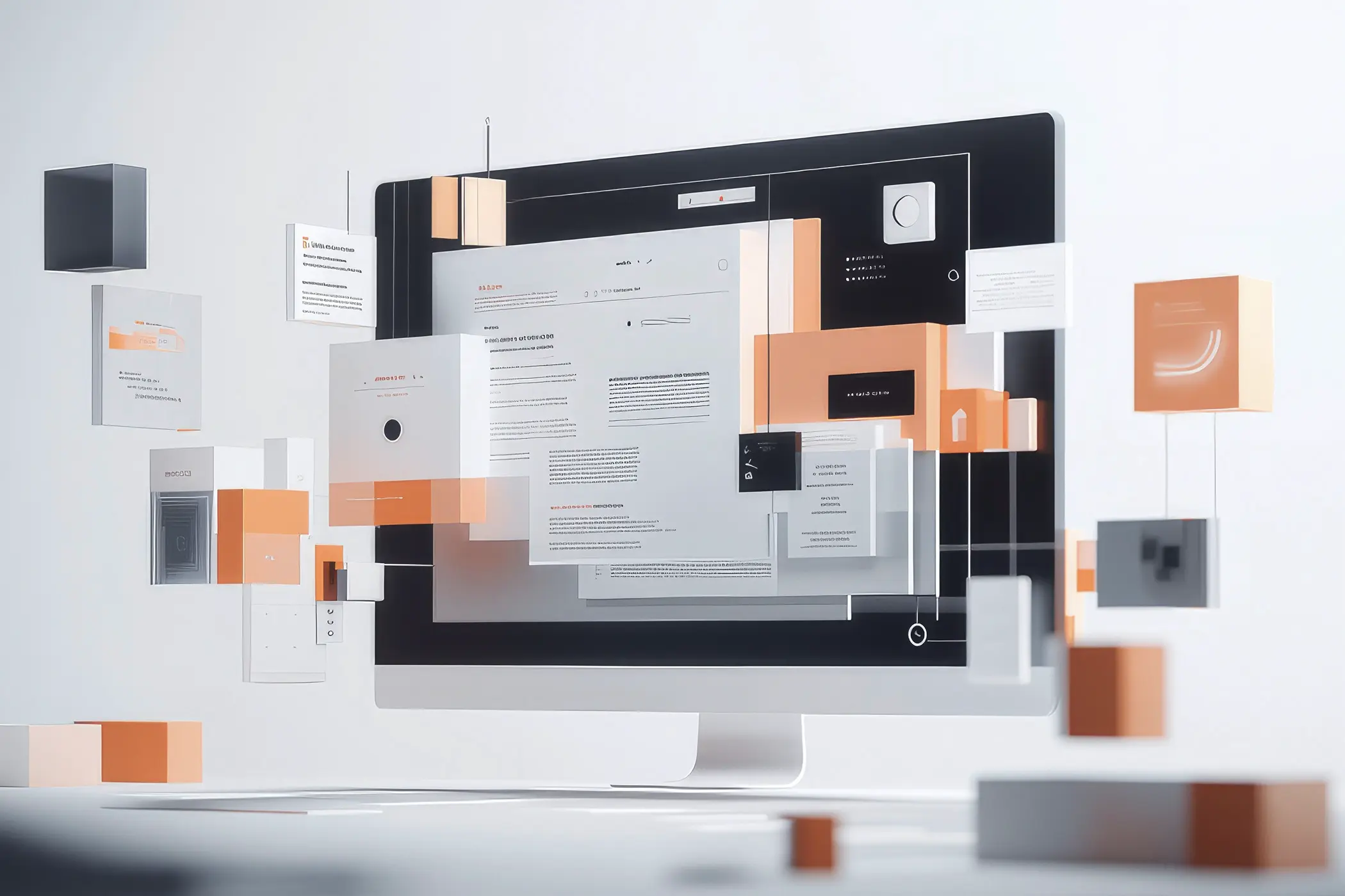 A computer monitor displays floating digital documents and interface elements, surrounded by orange, gray, and white 3D cubes, illustrating website design strategies in a dynamic virtual workspace.