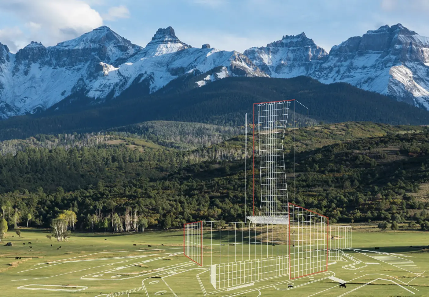 A digital wireframe of a tall building is superimposed on a grassy field with mountains and forest in the background.
