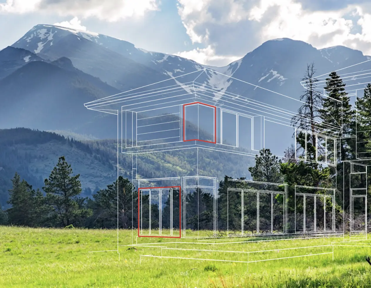 A digital outline of a modern house is superimposed on a grassy field with trees and mountains in the background under a partly cloudy sky.
