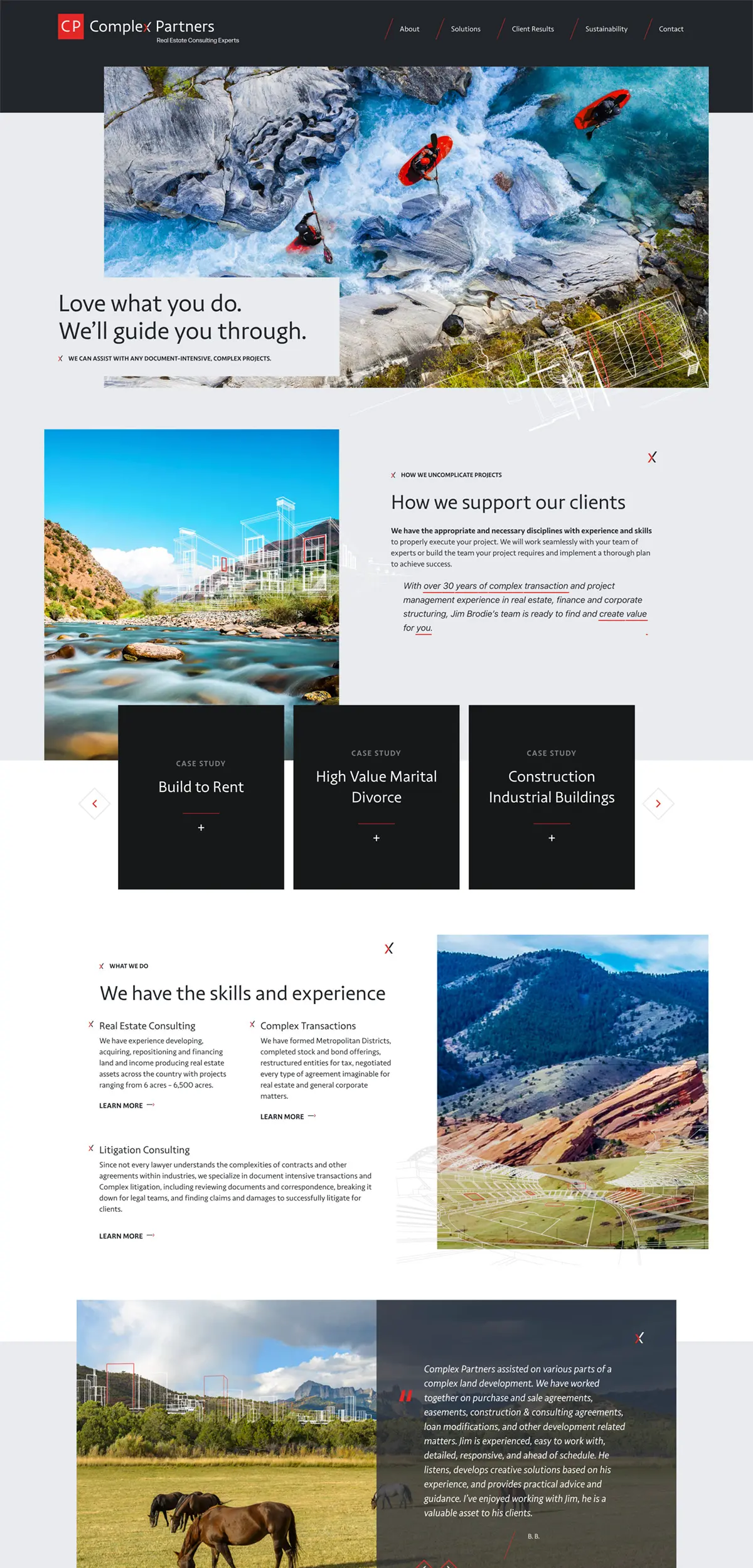 Screenshot of a business website featuring images of landscapes, legal and consulting service descriptions, case studies, and the company’s contact information.