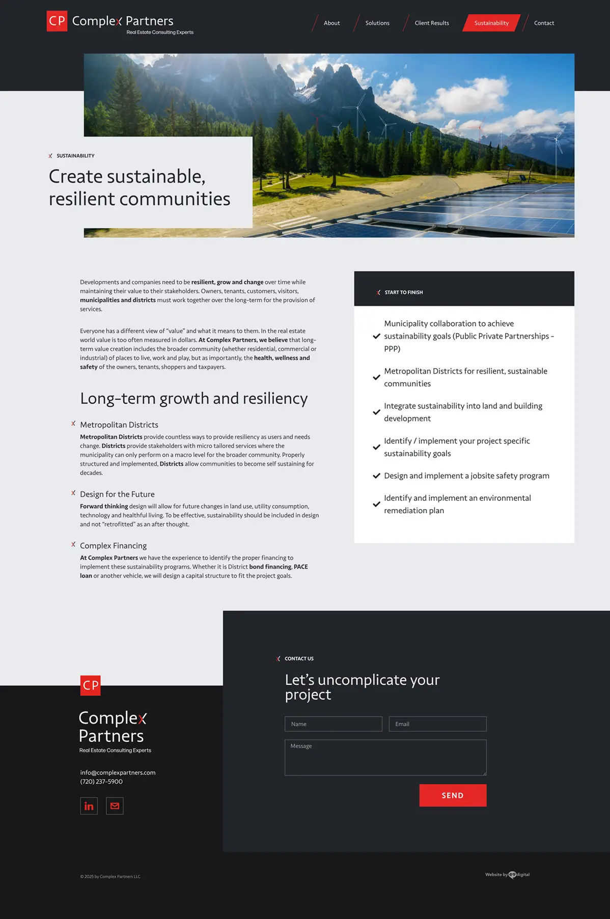 A business consulting website page featuring a lake and mountain landscape image, with sections for services, solutions, and contact information.
