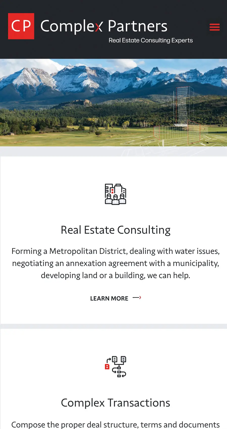 Screenshot of Complex Partners’ website showing a banner with mountains, the company name, and sections for Real Estate Consulting and Complex Transactions services.