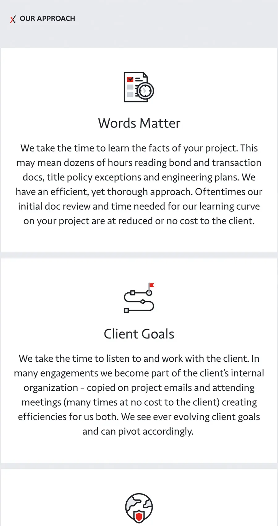 Screenshot showing two sections: "Words Matter" discusses the importance of clear documentation, while "Client Goals" emphasizes close collaboration and adapting to client needs.