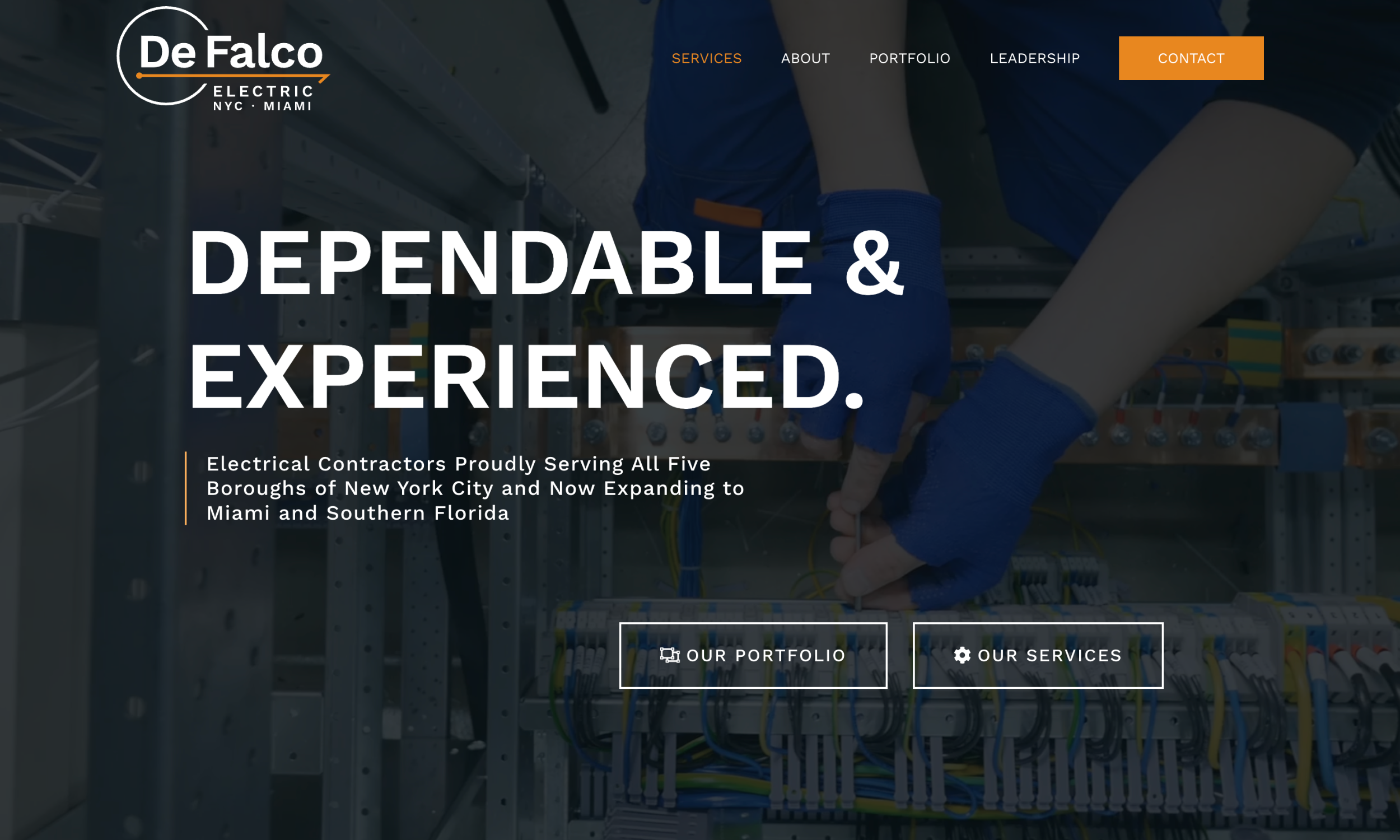 A professional is working on electrical wiring in a control panel, with "Dependable & Experienced" and DeFalco Electric company information showcased on the Electrician Website.