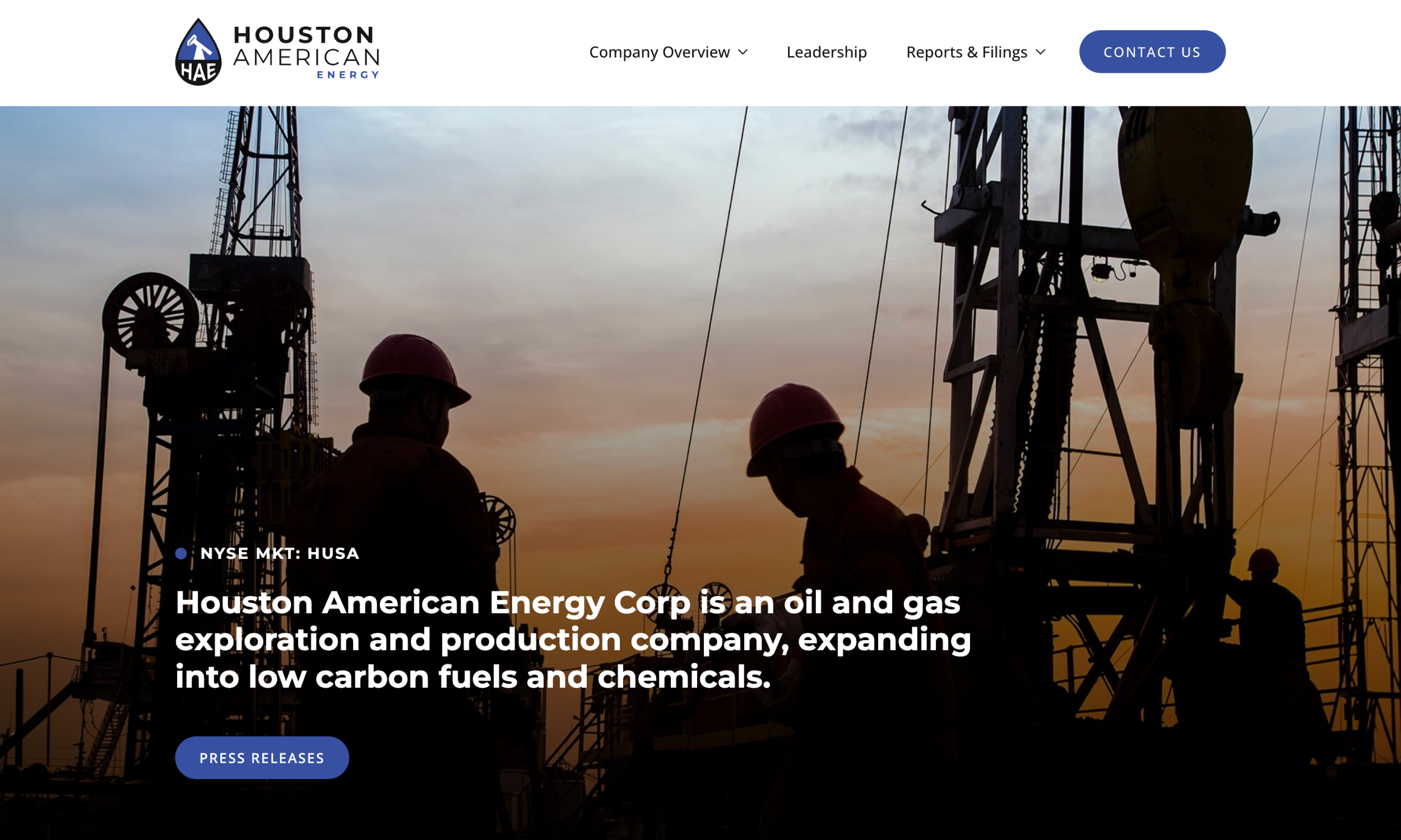 Silhouetted workers and oil rigs at sunset, with Houston American Energy Corp’s website overlay text describing the company’s focus on oil, gas, and low carbon fuels.