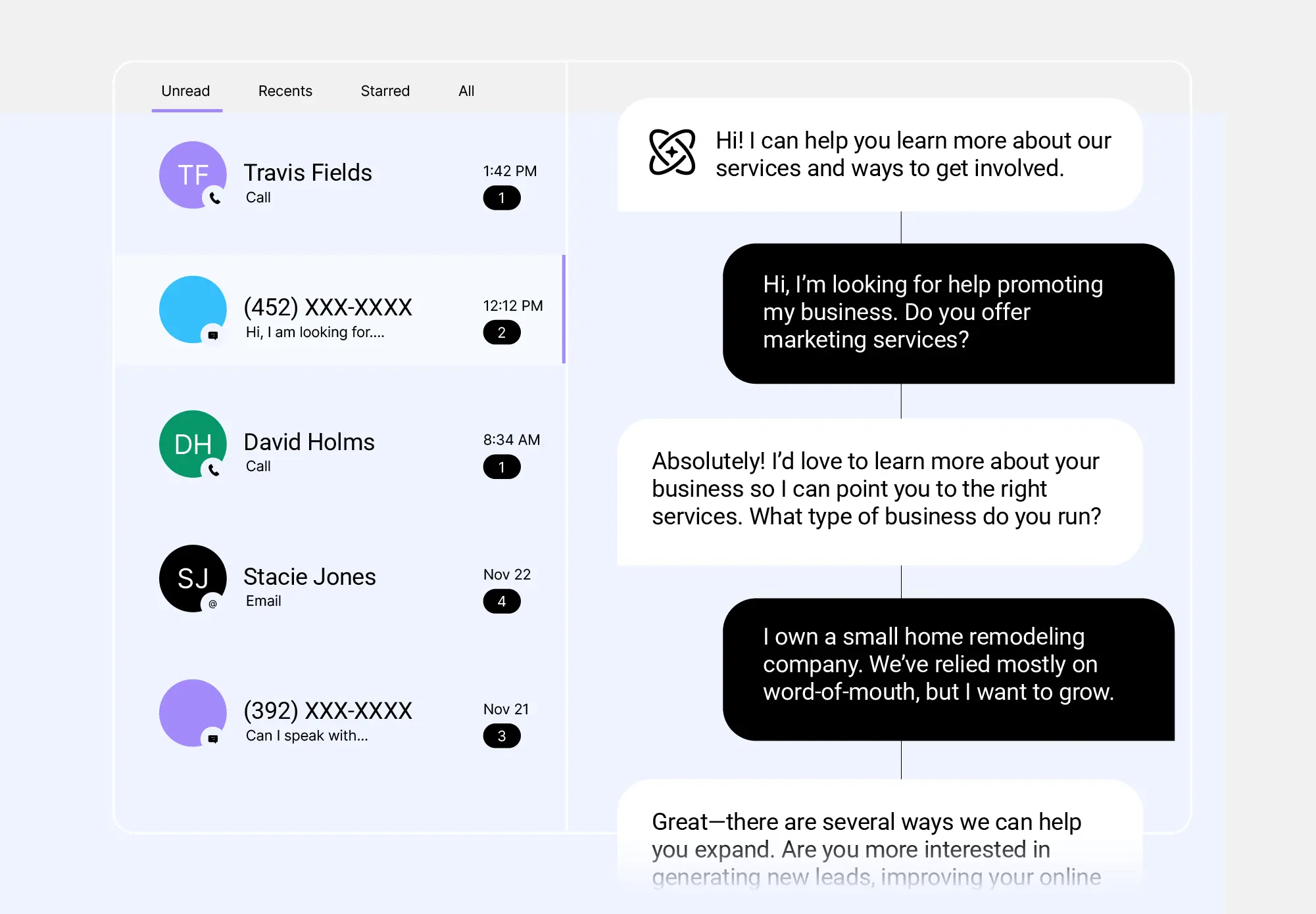 Unified inbox interface with contact list and AI-assisted conversation thread for lead qualification