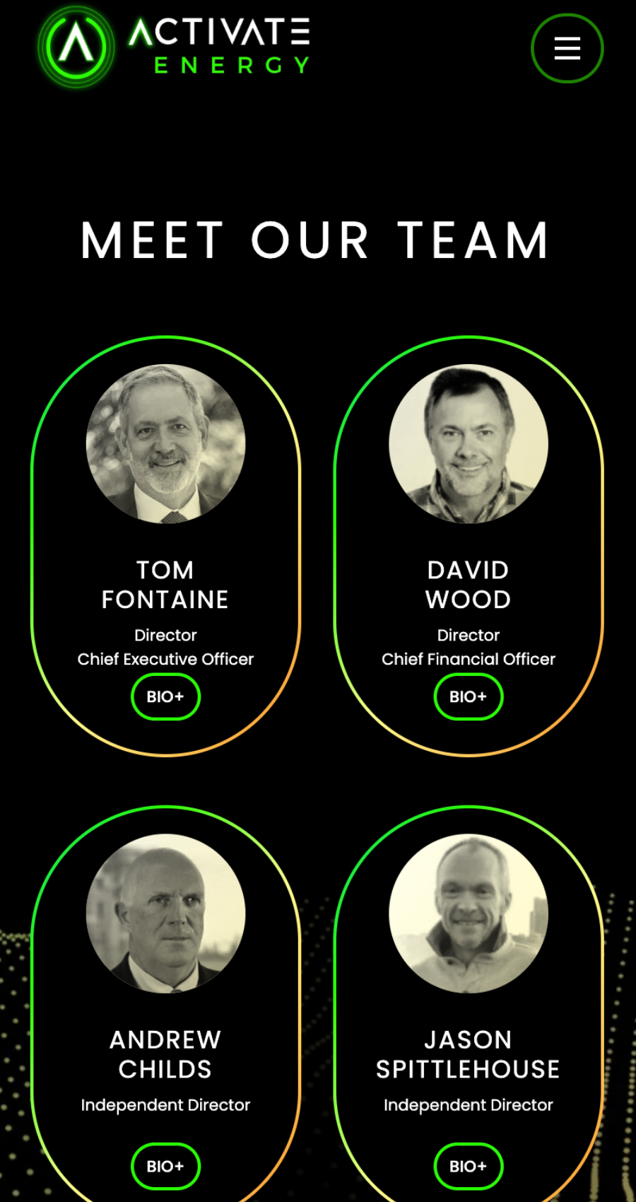 SPAC Website Activate Energy team page featuring four directors—Tom Fontaine (CEO), David Wood (CFO), Andrew Childs, and Jason Spittlehouse—with black-and-white portraits and a "BIO+" button for each.