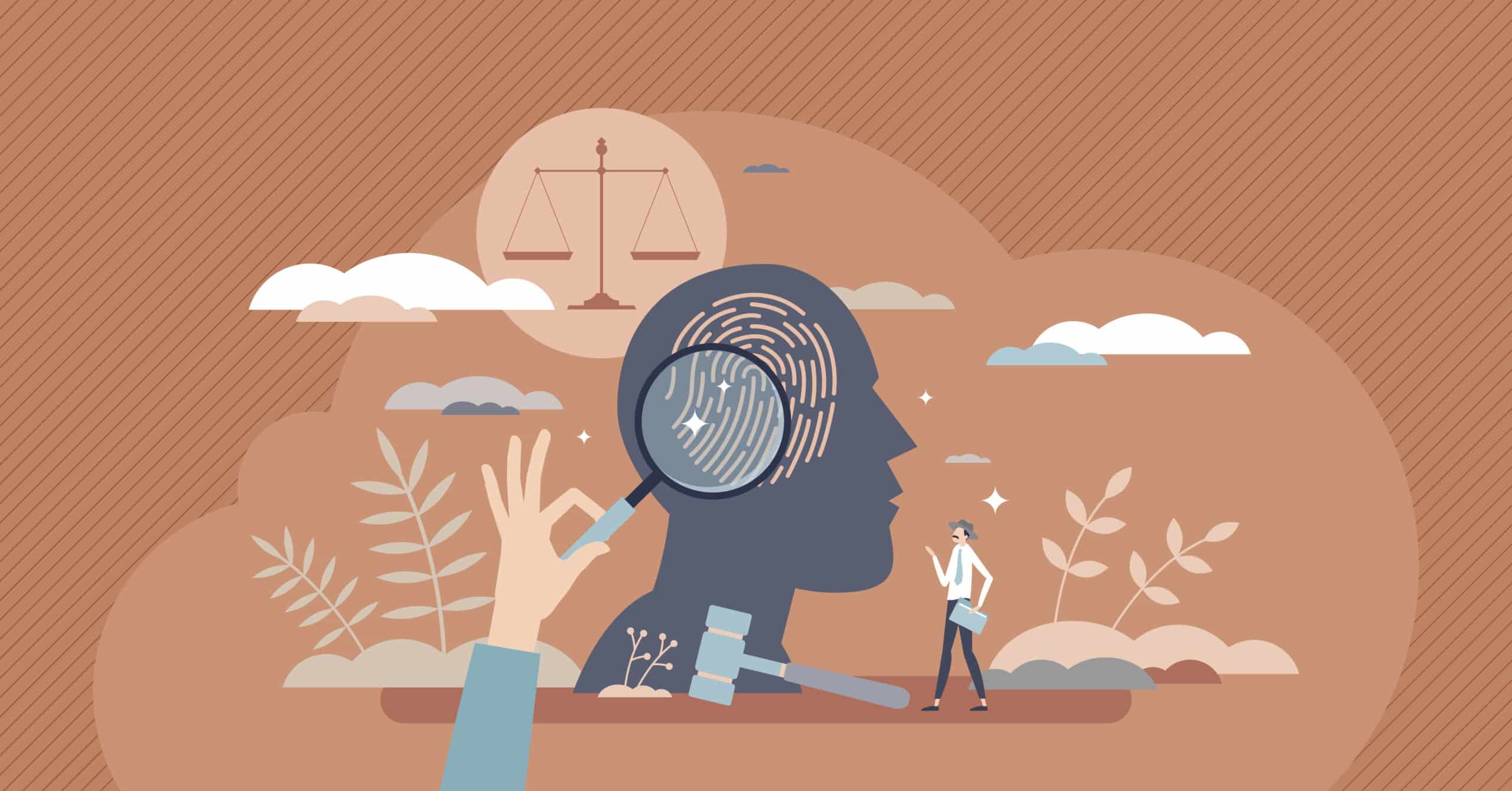 Illustration of a magnifying glass examining a fingerprint on a human head silhouette, with a gavel, scales of justice, and a person observing in the background.
