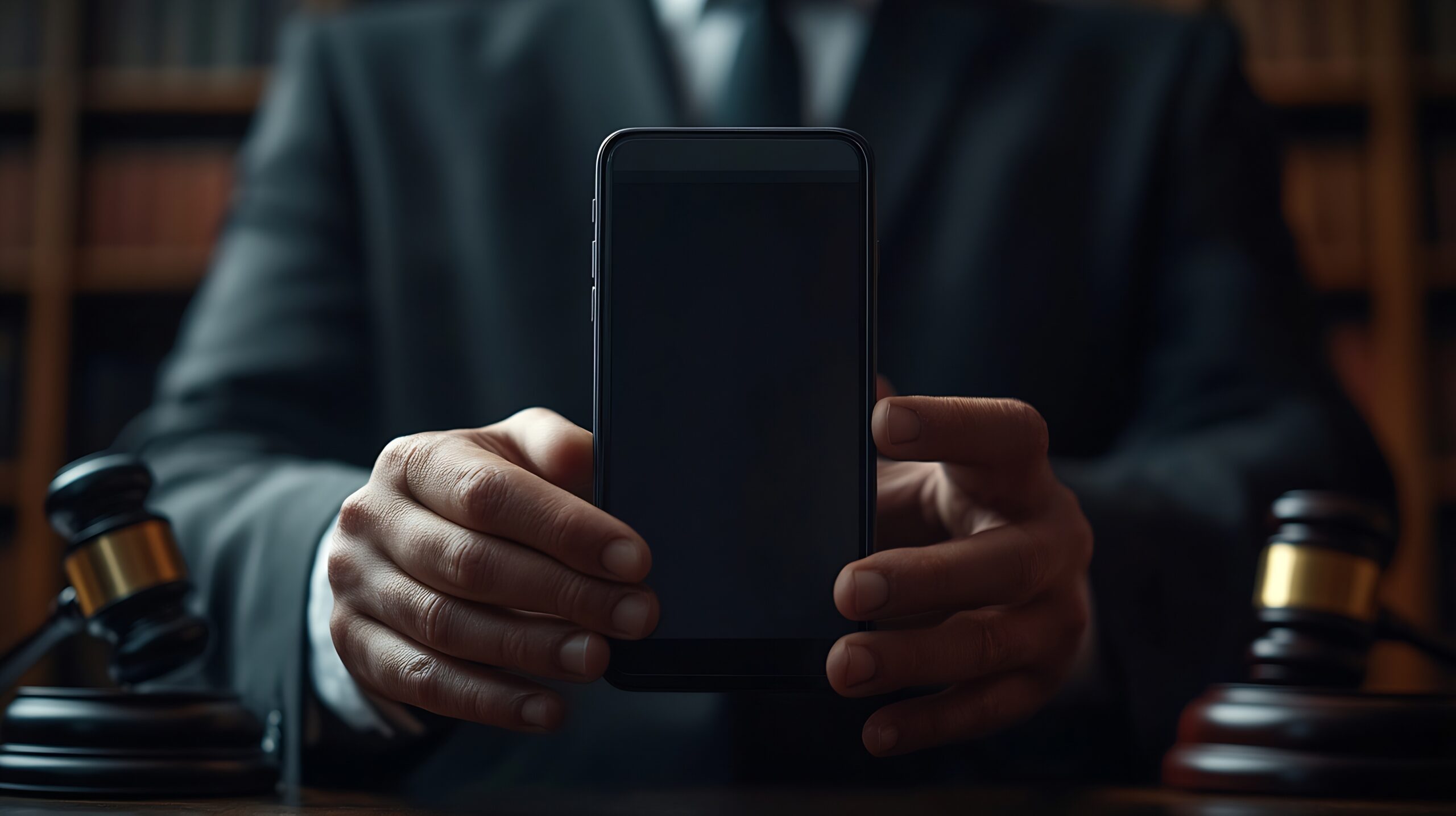A person in a suit holds a smartphone toward the camera, with a judge's gavel visible on the table in front of them for law firm marketing