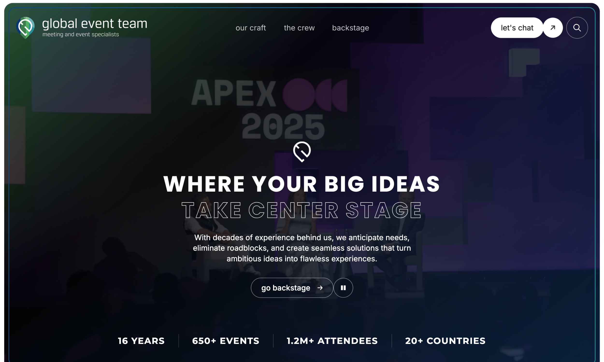 A dynamic Event Management Website Design for "global event team," featuring the headline "WHERE YOUR BIG IDEAS TAKE CENTER STAGE." Event stats and streamlined navigation guide visitors from top to bottom of the homepage.
